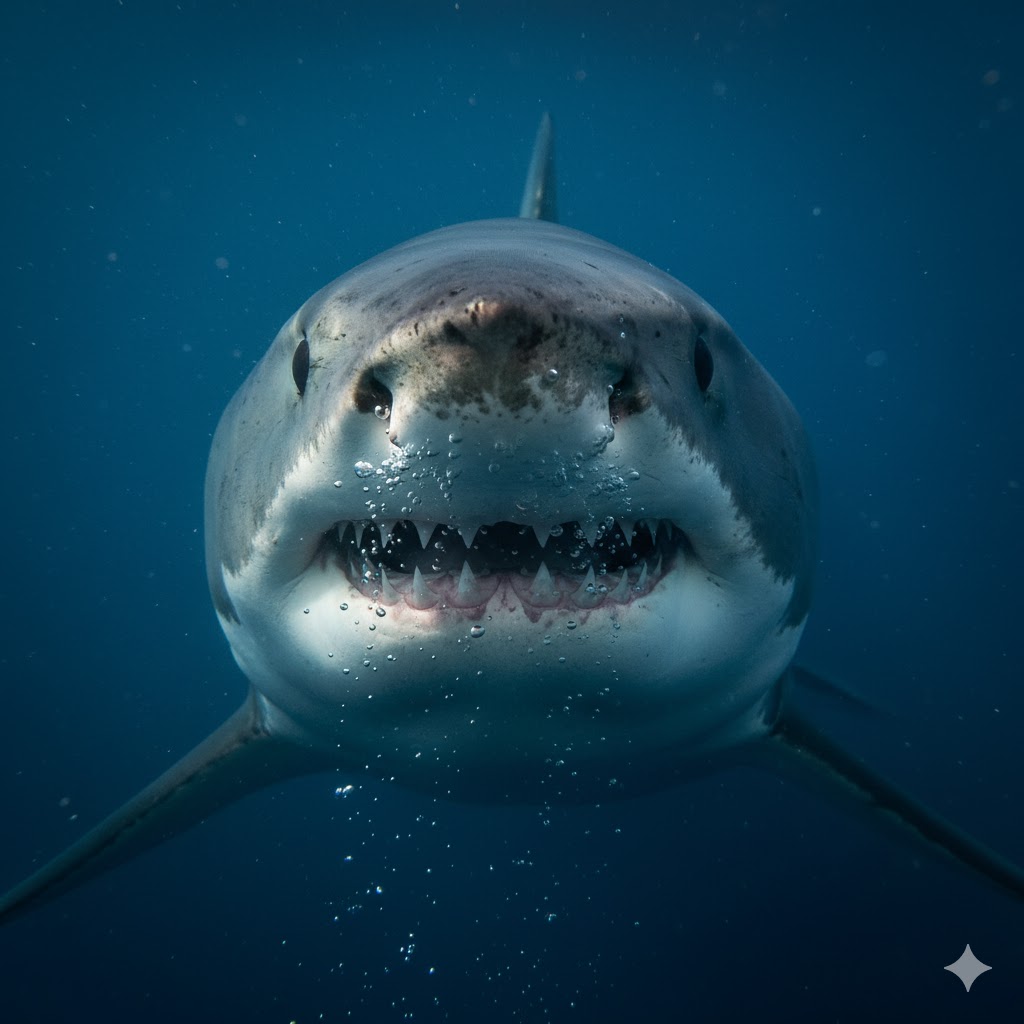 Close-up dramatic shot of a great white shark's face emerging from murky blue water, mouth slightly open showing rows of teeth, intense eye contact